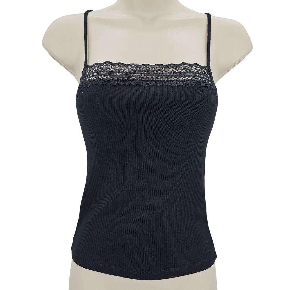 Madewell Womans size XXS Lace Trim Square Neck Cropped Tank Top Black NY280 NEW